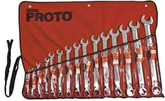 Proto - 15 Piece, 5/16" to 1-1/4", 12 Point Tethered Combination Wrench Set - Inch Measurement Standard, Satin Chrome Finish, Comes in Nylon Roll - Exact Tool & Supply