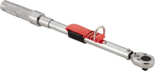 Proto - 3/8" Drive Micrometer Ratchet Head Tethered Torque Wrench - 20 Ft/Lb to 100 Ft/Lb Torque, 17" OAL, 1/2 Ft/Lb Graduation, Pear Head - Exact Tool & Supply