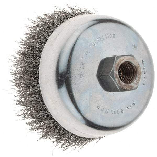 Weiler - 4" Diam, 5/8-11 Threaded Arbor, Steel Fill Cup Brush - 0.014 Wire Diam, 1-3/8" Trim Length, 9,000 Max RPM - Exact Tool & Supply