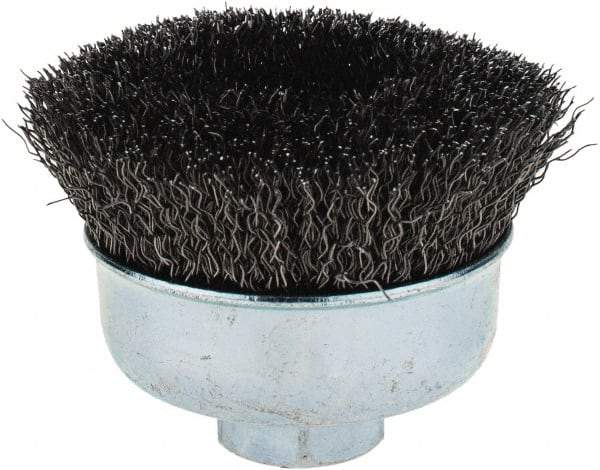 Weiler - 3" Diam, 5/8-11 Threaded Arbor, Steel Fill Cup Brush - 0.014 Wire Diam, 7/8" Trim Length, 14,000 Max RPM - Exact Tool & Supply
