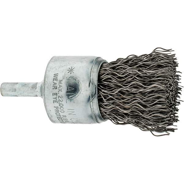 Weiler - 1" Brush Diam, Crimped, End Brush - 1/4" Diam Shank, 20,000 Max RPM - Exact Tool & Supply