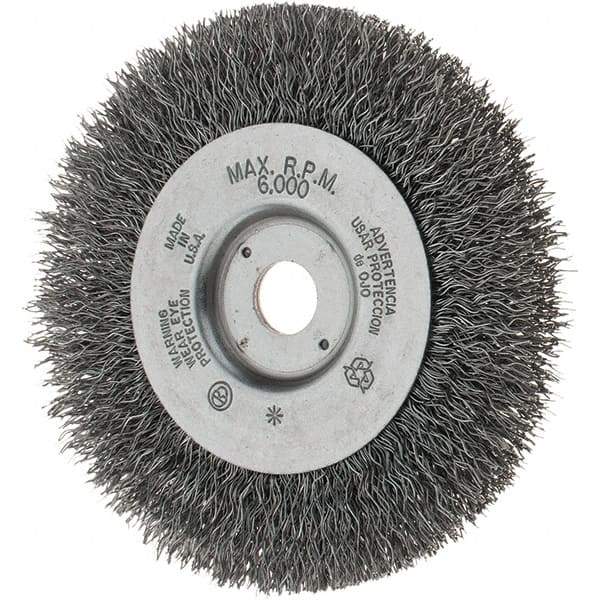 Weiler - 4" OD, 1/2" Arbor Hole, Crimped Steel Wheel Brush - 1/2" Face Width, 13/16" Trim Length, 0.014" Filament Diam, 6,000 RPM - Exact Tool & Supply