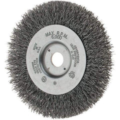 Weiler - 4" OD, 1/2" Arbor Hole, Crimped Steel Wheel Brush - 1/2" Face Width, 13/16" Trim Length, 0.014" Filament Diam, 6,000 RPM - Exact Tool & Supply