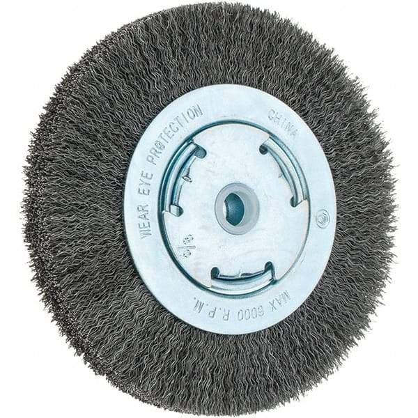 Weiler - 6" OD, 5/8" Arbor Hole, Crimped Steel Wheel Brush - 1-1/8" Face Width, 1-1/8" Trim Length, 0.014" Filament Diam, 6,000 RPM - Exact Tool & Supply