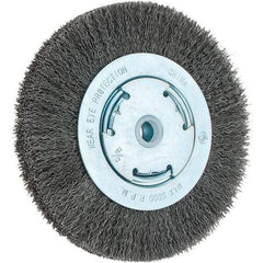 Weiler - 6" OD, 5/8" Arbor Hole, Crimped Steel Wheel Brush - 1-1/8" Face Width, 1-1/8" Trim Length, 0.014" Filament Diam, 6,000 RPM - Exact Tool & Supply