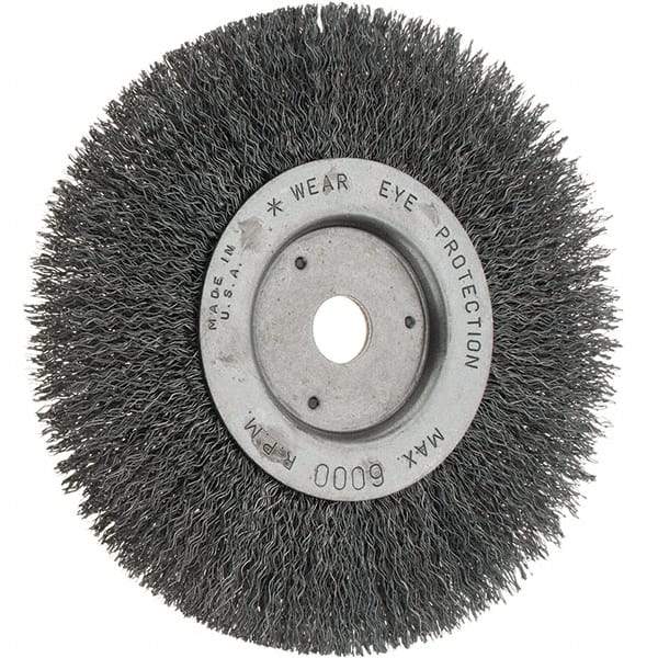 Weiler - 6" OD, 5/8" Arbor Hole, Crimped Steel Wheel Brush - 3/4" Face Width, 1-1/8" Trim Length, 0.014" Filament Diam, 6,000 RPM - Exact Tool & Supply