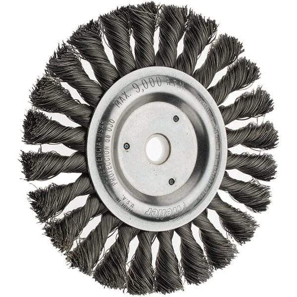 Weiler - 6" OD, 5/8" Arbor Hole, Knotted Steel Wheel Brush - 1/2" Face Width, 1-1/2" Trim Length, 0.014" Filament Diam, 9,000 RPM - Exact Tool & Supply