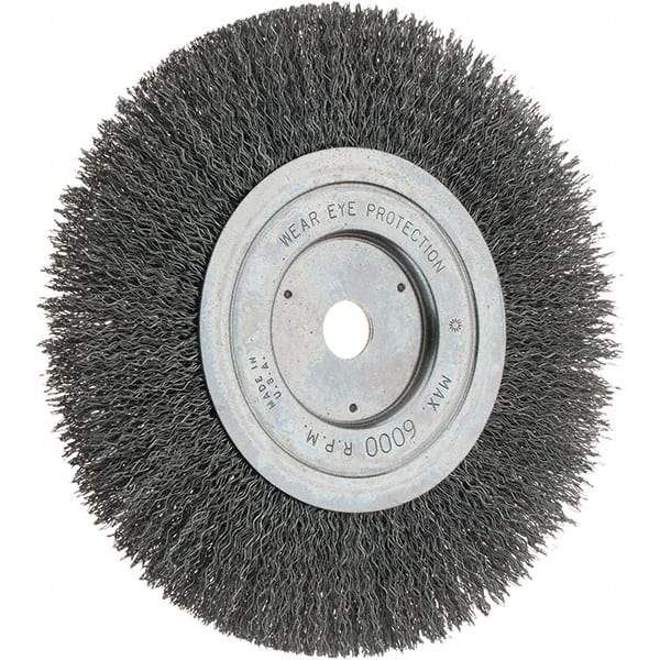 Weiler - 7" OD, 5/8" Arbor Hole, Crimped Steel Wheel Brush - 1" Face Width, 2" Trim Length, 0.014" Filament Diam, 6,000 RPM - Exact Tool & Supply