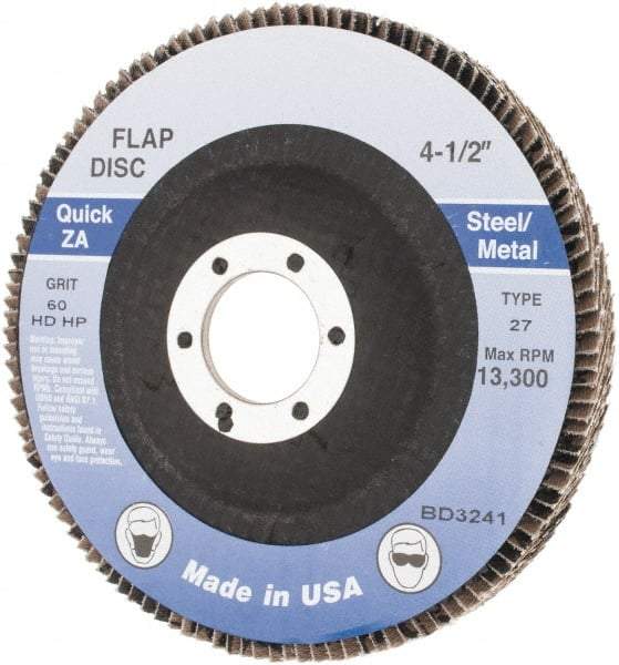 Made in USA - 60 Grit, 4-1/2" Disc Diam, 7/8" Center Hole, Type 27 Zirconia Alumina Flap Disc - Arbor Attaching System, Coated - Exact Tool & Supply