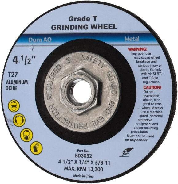 Value Collection - 24 Grit, 4-1/2" Wheel Diam, 1/4" Wheel Thickness, Type 27 Depressed Center Wheel - Aluminum Oxide, U Hardness, 13,300 Max RPM - Exact Tool & Supply