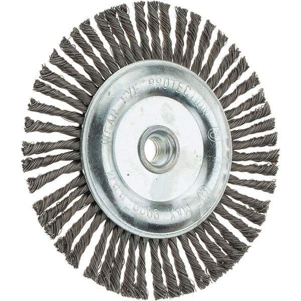 Weiler - 6-1/2" OD, 5/8-11 Arbor Hole, Stringer Bead Steel Wheel Brush - 3/16" Face Width, 1-1/8" Trim Length, 0.02" Filament Diam, 9,000 RPM - Exact Tool & Supply