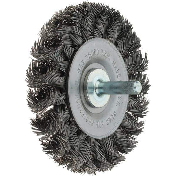 Weiler - 3" OD, 1/4" Shank Diam, Knotted Steel Wheel Brush - 3/8" Face Width, 5/8" Trim Length, 0.014" Filament Diam, 25,000 RPM - Exact Tool & Supply