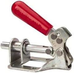 De-Sta-Co - 300 Lb Load Capacity, Flanged Base, Carbon Steel, Standard Straight Line Action Clamp - 4 Mounting Holes, 0.22" Mounting Hole Diam, 0.44" Plunger Diam, Straight Handle - Exact Tool & Supply