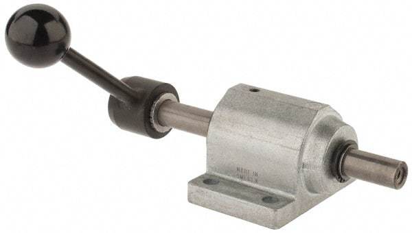 De-Sta-Co - 9,000 N Capacity, M8 Plunger, 16mm Plunger Diam, Foot Mt, One Hand, Hand Lever Actuation, Variable Stroke Straight Line Action Clamp - 60mm Max Rapid Stroke, 4mm Max Clamping Stroke, 9mm Mt Hole Diam, 90mm Overall Height, 196mm OAL - Exact Tool & Supply