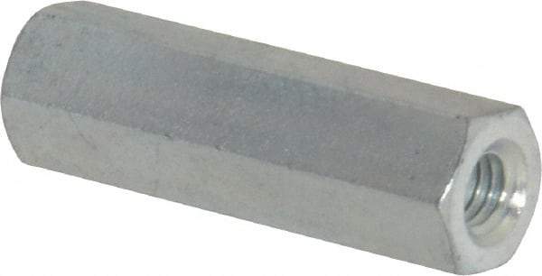 Made in USA - M6x1.00 Metric Coarse, 1-1/2" OAL Steel Standard Coupling Nut - Zinc-Plated Finish, 7/16" Width Across Flats - Exact Tool & Supply