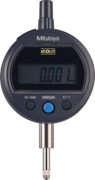 Mitutoyo - 0 to 12.7mm Range, 0.00005" Graduation, Electronic Drop Indicator - Flat Back, Accurate to 0.0001", English & Metric System, LCD Display - Exact Tool & Supply