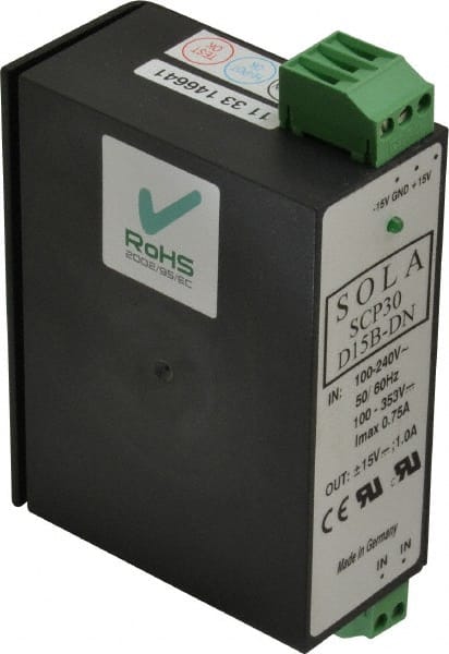 Sola/Hevi-Duty - 30 Watt, 1 Amp, 264 VAC, 375 VDC Input, +15/ to 15 VDC Output, Chassis, DIN Rail Power Supply - Exact Tool & Supply