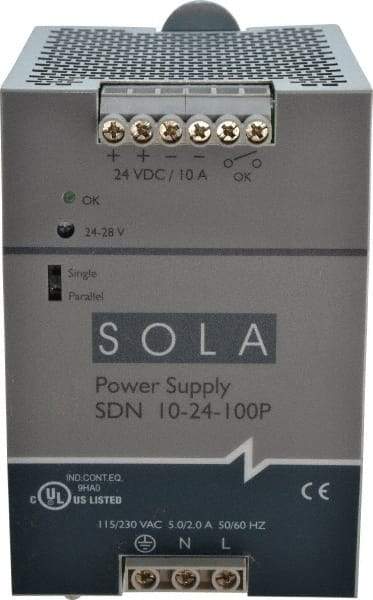 Sola/Hevi-Duty - 240 Watt, 10 Amp, 230 VAC Input, 24 VDC Output, DIN Rail Power Supply - 3.26 Inch Wide x 4.55 Inch Deep x 4.88 Inch High, Up to 88% Efficiency, 14 to 140°F, Green LED - Exact Tool & Supply