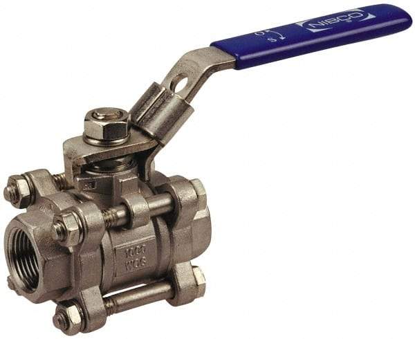 NIBCO - 1-1/2" Pipe, Full Port, Carbon Steel Standard Ball Valve - 3 Piece, Inline - One Way Flow, FNPT x FNPT Ends, Locking Lever Handle, 1,000 WOG - Exact Tool & Supply