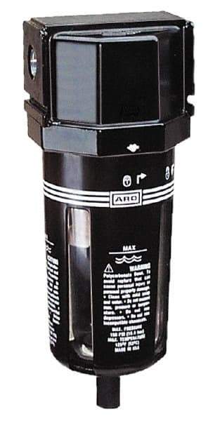 ARO/Ingersoll-Rand - 3/8" Port, 7.047" High x 2.874" Wide Standard Filter with Polycarbonate Bowl, Manual Drain - 156 SCFM, 150 Max psi, 125°F Max Temp, Modular Connection, Bowl Guard, 1.9 oz Bowl Capacity - Exact Tool & Supply