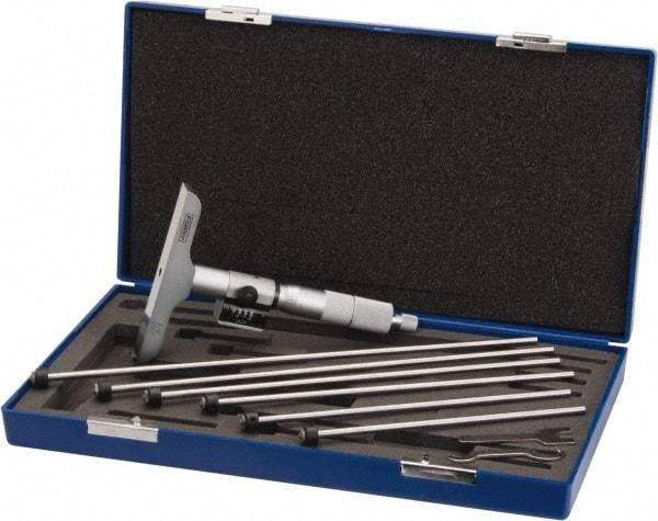Fowler - 0 to 6" Range, 6 Rod, Satin Chrome Finish Mechanical Depth Micrometer - Ratchet Stop Thimble, 4" Base Length, 0.001" Graduation, 0.176" Rod Diam - Exact Tool & Supply
