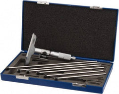 Fowler - 0 to 6" Range, 6 Rod, Satin Chrome Finish Mechanical Depth Micrometer - Ratchet Stop Thimble, 4" Base Length, 0.001" Graduation, 0.176" Rod Diam - Exact Tool & Supply