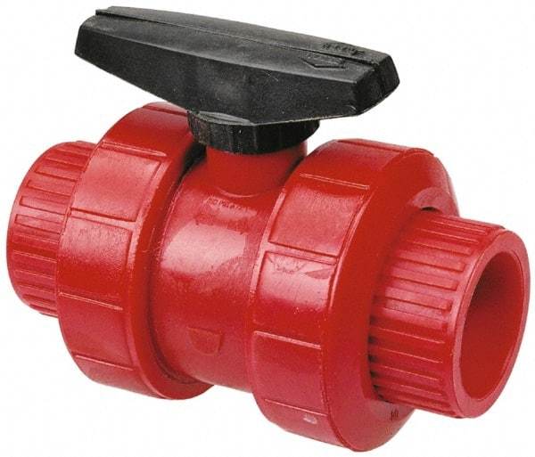 NIBCO - 1-1/2" Pipe, Full Port, PVDF True Union Design Ball Valve - 1 Piece, Inline - One Way Flow, Solvent x Solvent Ends, Wedge Handle, 150 WOG - Exact Tool & Supply