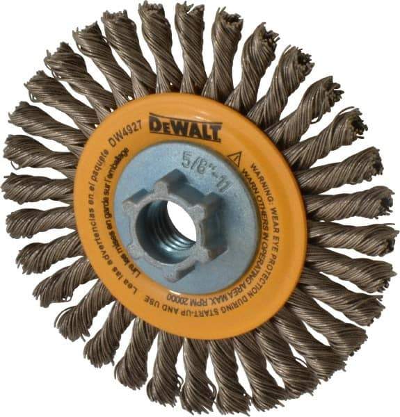 DeWALT - 4" OD, 5/8-11 Arbor Hole, Knotted Stainless Steel Wheel Brush - 0.02" Filament Diam, 20,000 RPM - Exact Tool & Supply