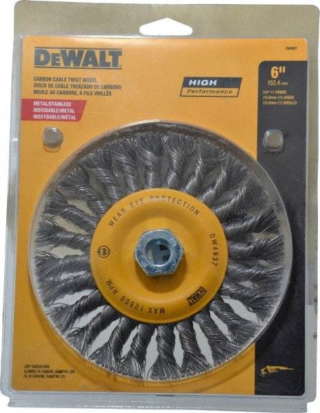DeWALT - 6" OD, 5/8" Arbor Hole, Knotted Steel Wheel Brush - 0.025" Filament Diam, 12,500 RPM - Exact Tool & Supply