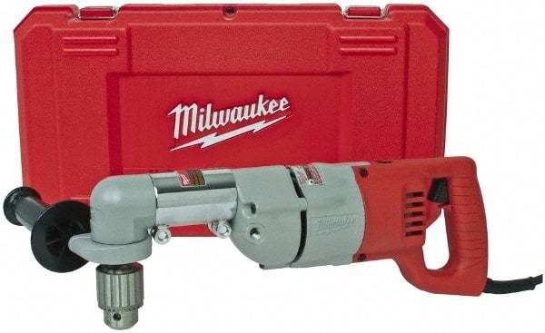 Milwaukee Tool - 1/2" Keyed Chuck, 600 RPM, D-Handle Electric Drill - 7 Amps, 120 Volts, Reversible, Includes 3/16" Socket Wrench, 9/16" Open End Wrench, RAD Assembly, Side Handle - Exact Tool & Supply