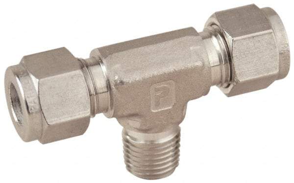 Parker - 1/2" OD, Stainless Steel Male Branch Tee - -425 to 1,200°F, 13/16" Hex, Comp x Comp x MNPT Ends - Exact Tool & Supply