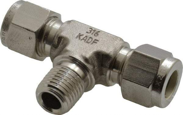 Parker - 3/8" OD, Stainless Steel Male Branch Tee - -425 to 1,200°F, 5/8" Hex, Comp x Comp x MNPT Ends - Exact Tool & Supply