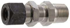 Parker - 3/8" OD, Stainless Steel Bulkhead Connector - 7/8" Hex, Comp x MNPT Ends - Exact Tool & Supply
