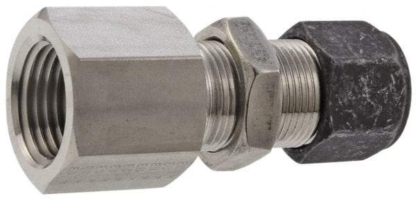 Parker - 3/8" OD, Stainless Steel Bulkhead Female Connector - 3/4" Hex, Comp x FNPT Ends - Exact Tool & Supply