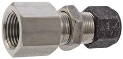 Parker - 3/8" OD, Stainless Steel Bulkhead Female Connector - 3/4" Hex, Comp x FNPT Ends - Exact Tool & Supply