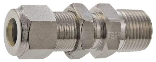 Parker - 3/8" OD, Stainless Steel Bulkhead Connector - -425 to 1,200°F, 7/8" Hex, Comp x MNPT Ends - Exact Tool & Supply