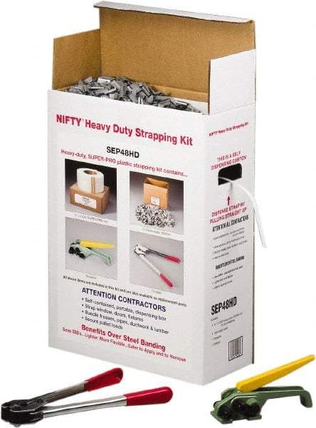 Nifty Products - Strapping Kits Type: Heavy-Duty Polypropylene Strapping Kit Contents: Coil; Tensioner; Crimper; Metal Seals - Exact Tool & Supply