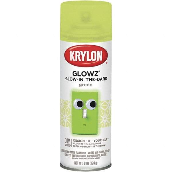 Krylon - Glow Green, Semi Gloss, Glow-in-the-Dark Spray Paint - 10 to 15 Sq Ft per Can, 16 oz Container, Use on Ceramics, Fabric, Glass, Glow-in-the-Dark Paint, Metal, Paper, Papier Mache, Plaster, Wicker, Wood - Exact Tool & Supply