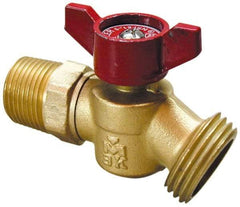 B&K Mueller - 3/4" Pipe, 125 psi WOG Rating, 1" Long Shank, Brass Hose Bibb, Stop Valve - Wing Tee Handle, MNPT x GHT End Connections - Exact Tool & Supply