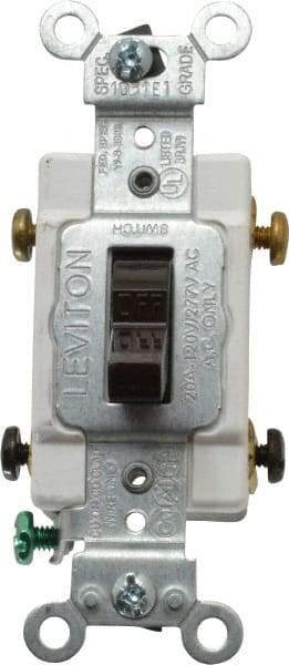 Leviton - 2 Pole, 120 to 277 VAC, 20 Amp, Commercial Grade, Toggle, Wall and Dimmer Light Switch - 1.31 Inch Wide x 4.06 Inch High - Exact Tool & Supply