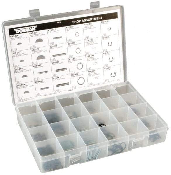 Dorman - 260 Piece E Style External Retaining Ring, Hair Pin Clip, Spring Pin & Woodruff Key Assortment - Spring Steel - Exact Tool & Supply