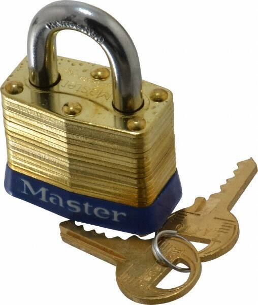 Master Lock - 3/4" Shackle Clearance, Keyed Different Laminated Brass Padlock - 9/32" Shackle Diam, Brass - Exact Tool & Supply