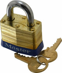 Master Lock - 3/4" Shackle Clearance, Keyed Different Laminated Brass Padlock - 9/32" Shackle Diam, Brass - Exact Tool & Supply