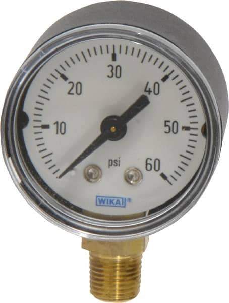 Wika - 1-1/2" Dial, 1/8 Thread, 0-60 Scale Range, Pressure Gauge - Lower Connection Mount, Accurate to 3-2-3% of Scale - Exact Tool & Supply