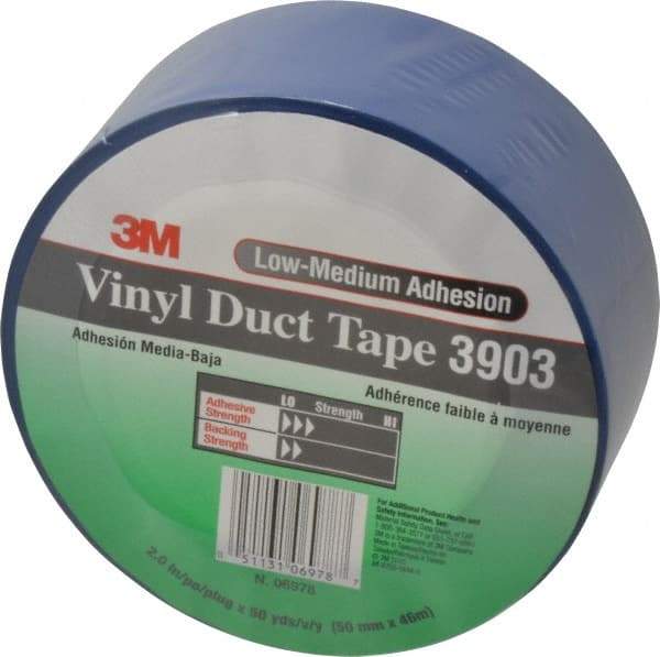 3M - 2" x 50 Yds Blue Duct Tape - 6.5 mil, Rubber Adhesive, Vinyl Backing, 12.6 Lb/ln Tensile Strength, 200°F Max, Series 3903 - Exact Tool & Supply