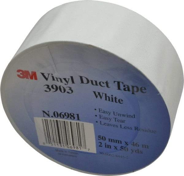 3M - 2" x 50 Yds White Duct Tape - 6.5 mil, Rubber Adhesive, Vinyl Backing, 12.6 Lb/ln Tensile Strength, 200°F Max, Series 3903 - Exact Tool & Supply