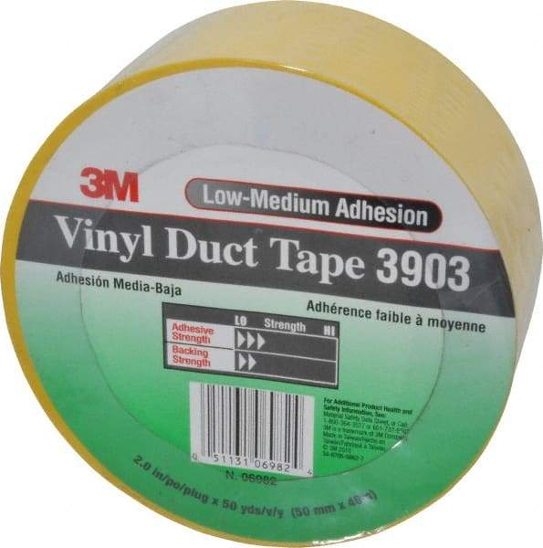 3M - 2" x 50 Yds Yellow Duct Tape - 6.5 mil, Rubber Adhesive, Vinyl Backing, 12.6 Lb/ln Tensile Strength, 200°F Max, Series 3903 - Exact Tool & Supply