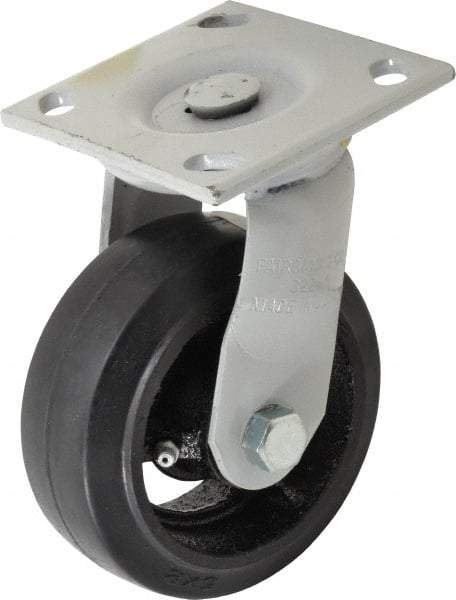 Fairbanks - 5" Diam x 2" Wide, Mold-On Rubber Swivel Caster - 675 Lb Capacity, Top Plate Mount, 4" x 4-1/2" Plate, Delrin Bearing - Exact Tool & Supply