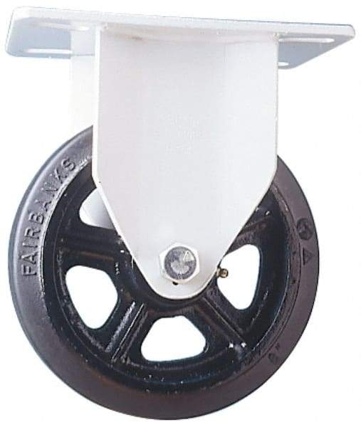 Fairbanks - 8" Diam x 2-1/2" Wide x 9-3/4" OAH Top Plate Mount Rigid Caster - Rubber, 1,300 Lb Capacity, Roller Bearing, 5-1/2 x 8-1/4" Plate - Exact Tool & Supply