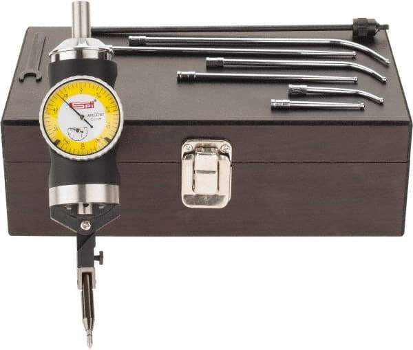 SPI - 9 Piece, 0mm to 63.5mm Measuring Range, 40mm Dial Diam, 0-25-0 Dial Reading, Yellow Dial Test Indicator Kit - 0.005mm Accuracy, 2, 4 & 6" Contact Point Length, 1/8" Ball Diam, 0.01mm Dial Graduation - Exact Tool & Supply